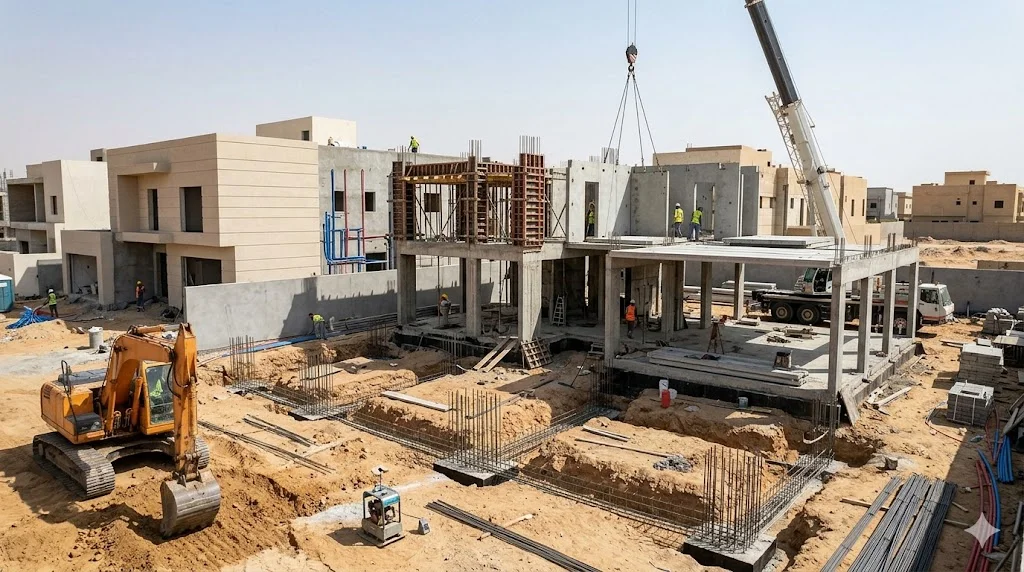 مراحل بناء فيلا من الأساسات حتى التشطيب