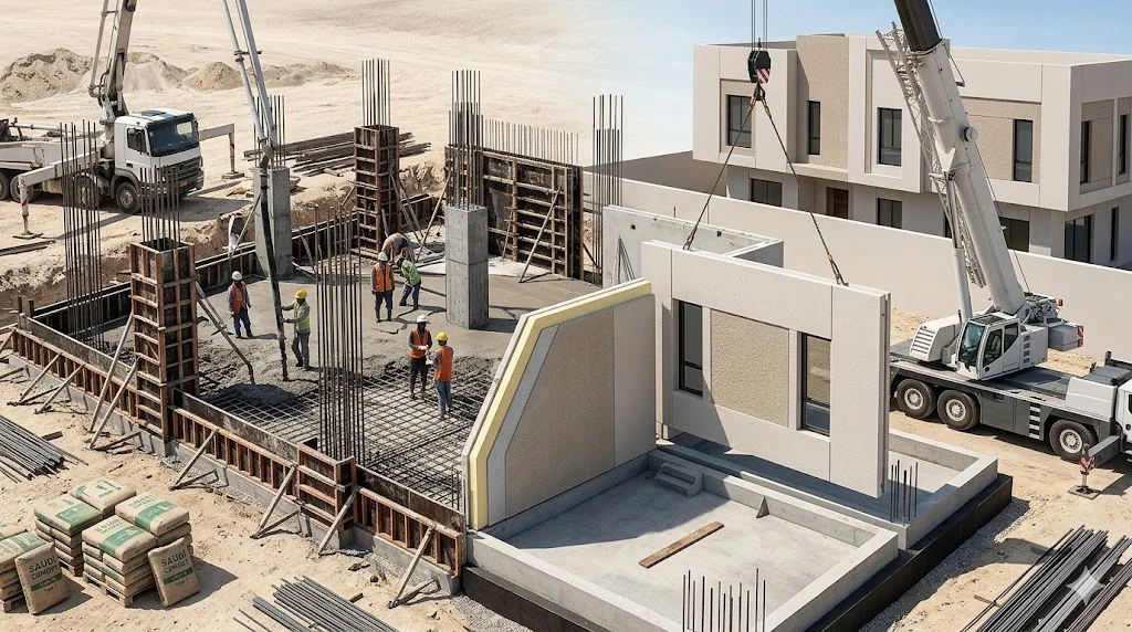 نظام البناء التقليدي والجاهز (Precast) تحت سقف واحد